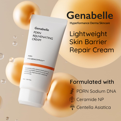 Genabelle Lightweight Skin Barrier Repair Cream with product details on a beige background with orange bubbles