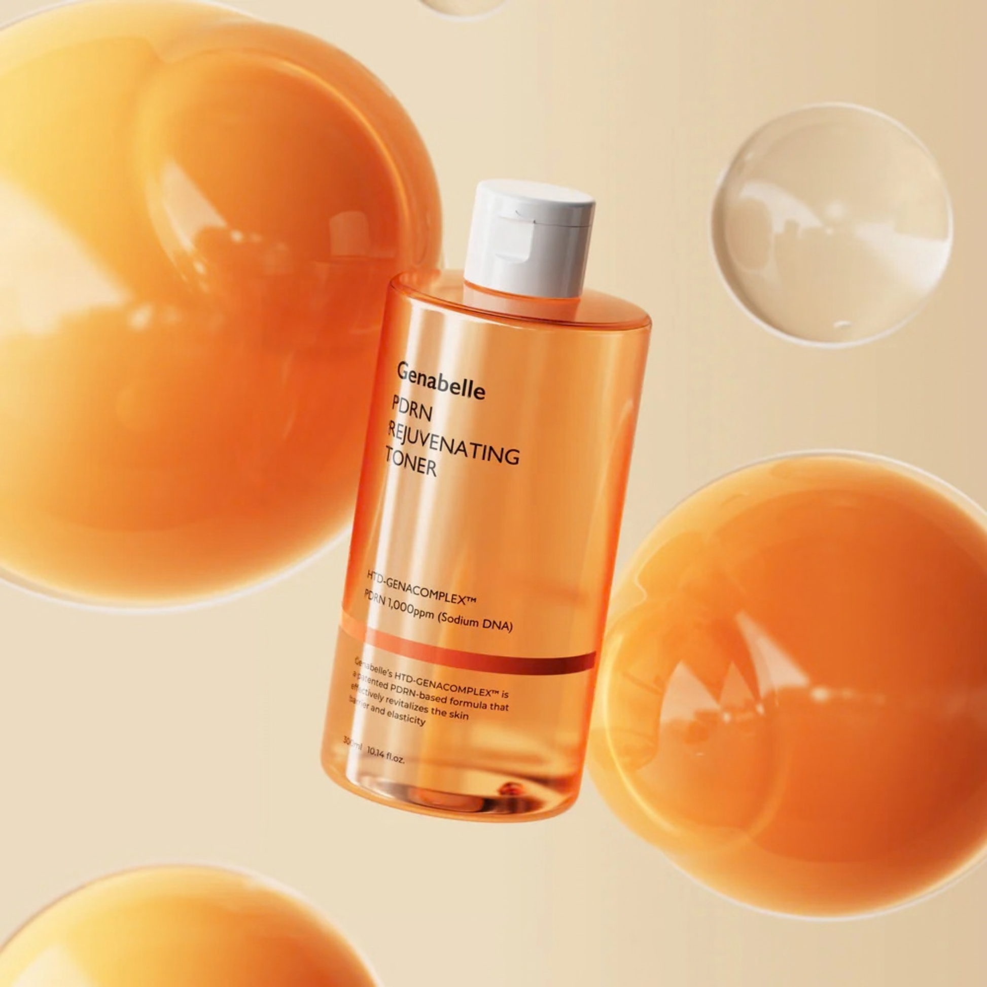 Orange bottle of Genabelle PDRN Rejuvenating Toner with orange spheres on a beige background