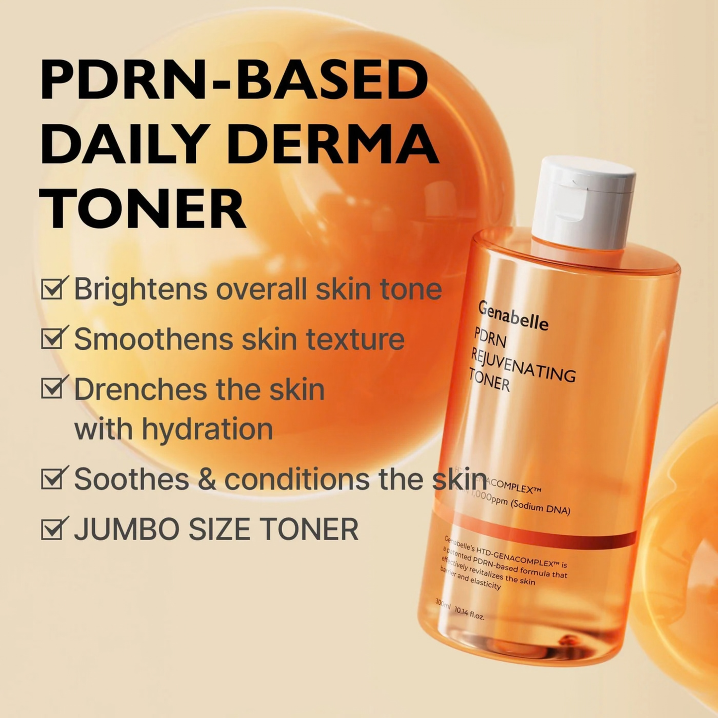 Genabelle PDRN Rejuvenating Toner: PDRN-based daily derma toner bottle with product features on a beige background