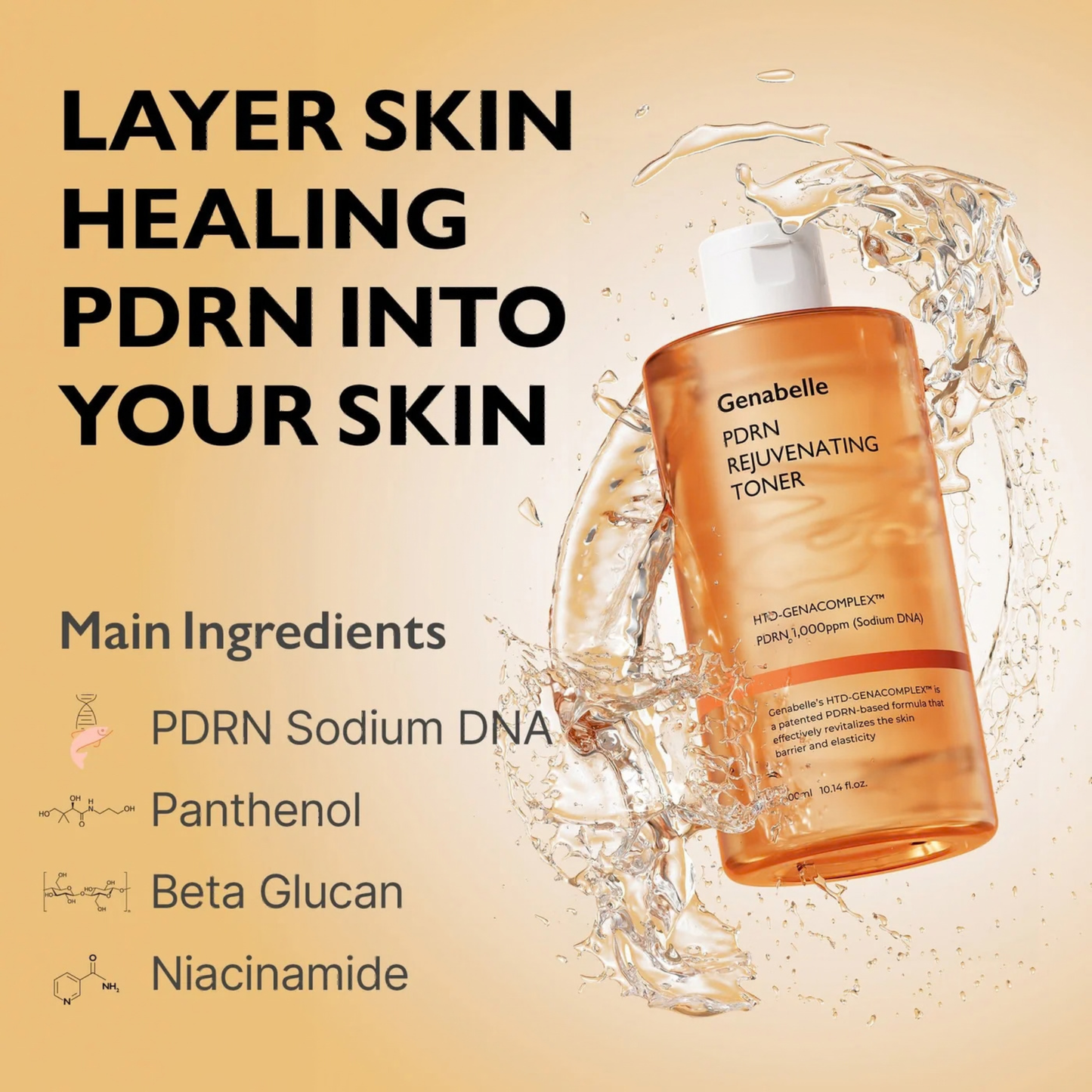 Genabelle PDRN Rejuvenating Toner bottle with water splash on a beige background, featuring text about skin healing and product ingredients.