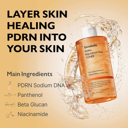 Genabelle PDRN Rejuvenating Toner bottle with water splash on a beige background, featuring text about skin healing and product ingredients.