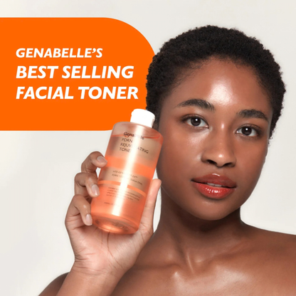 Woman holding a bottle of Genabelle PDRN Rejuvenating Toner with a grey background and text stating "Genabelle's best selling facial toner"
