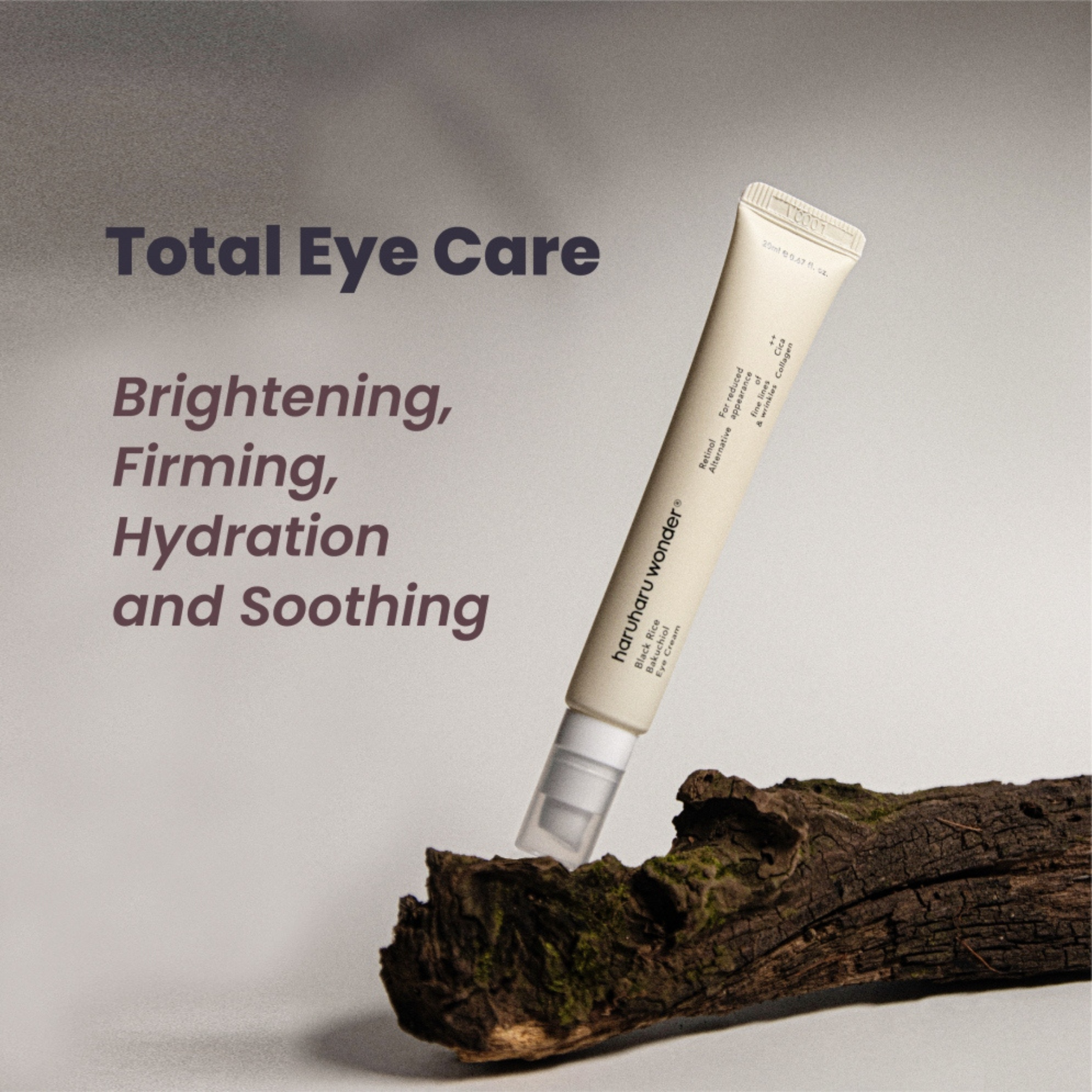 Haruharu Wonder Black Rice Bakuchiol Eye Cream product on a wooden log with text about benefits on a beige background