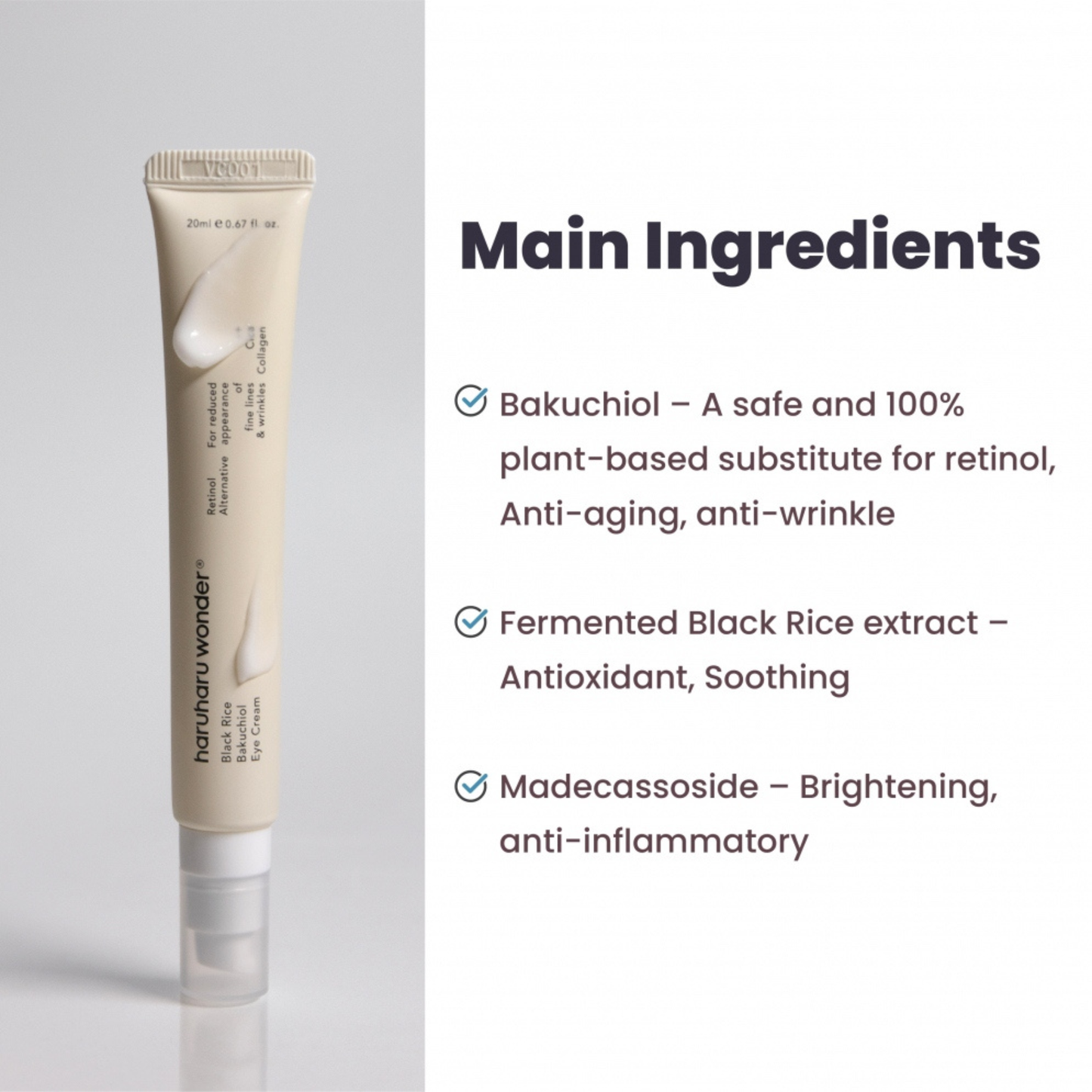 Haruharu Wonder Black Rice Bakuchiol Eye Cream with a list of main ingredients on a light background
