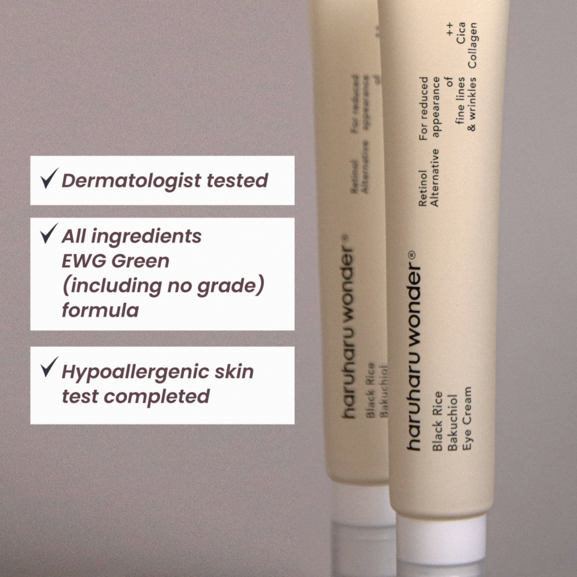 Two bottles of Haruharu Wonder Black Rice Bakuchiol Eye Cream with certification labels on a gray background