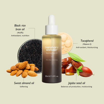 Haruharu Wonder Black Rice Facial Oil surrounded by product ingredients as well as text on the ingredient benefits