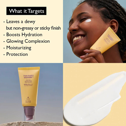 Woman holding a tube of Haruharu Wonder Black Rice Moisture Airyfit Daily Sunscreen SPF50 with sunscreen on  her cheek, a tube, a sunscreen smear on a light yellow background as well as text about the features and benefits of the sunscreen