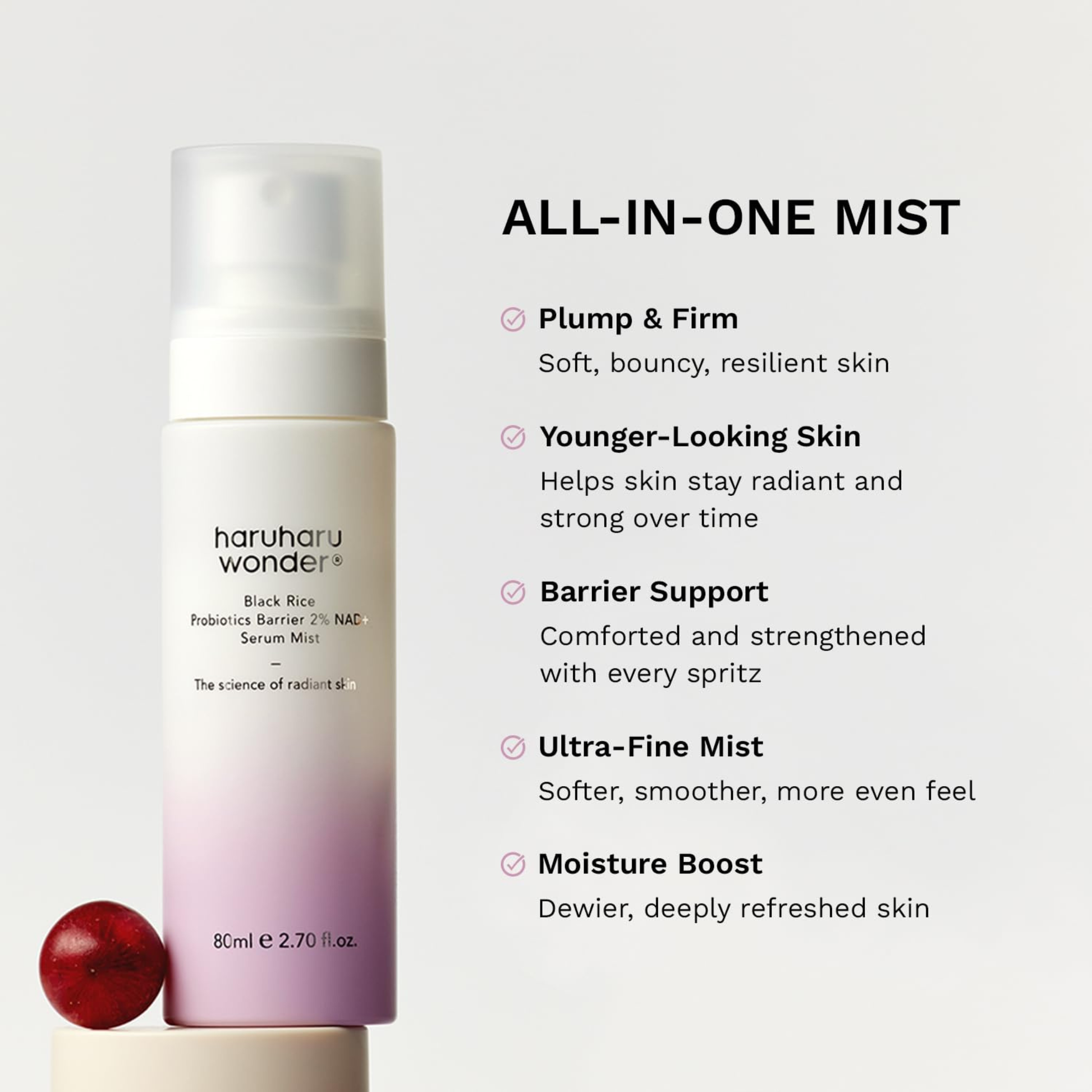 Haruharu Wonder Black Rice Probiotics Barrier 2% NAD+ Serum Mist with text on its benefits stating it is a "all-in-one" mist.