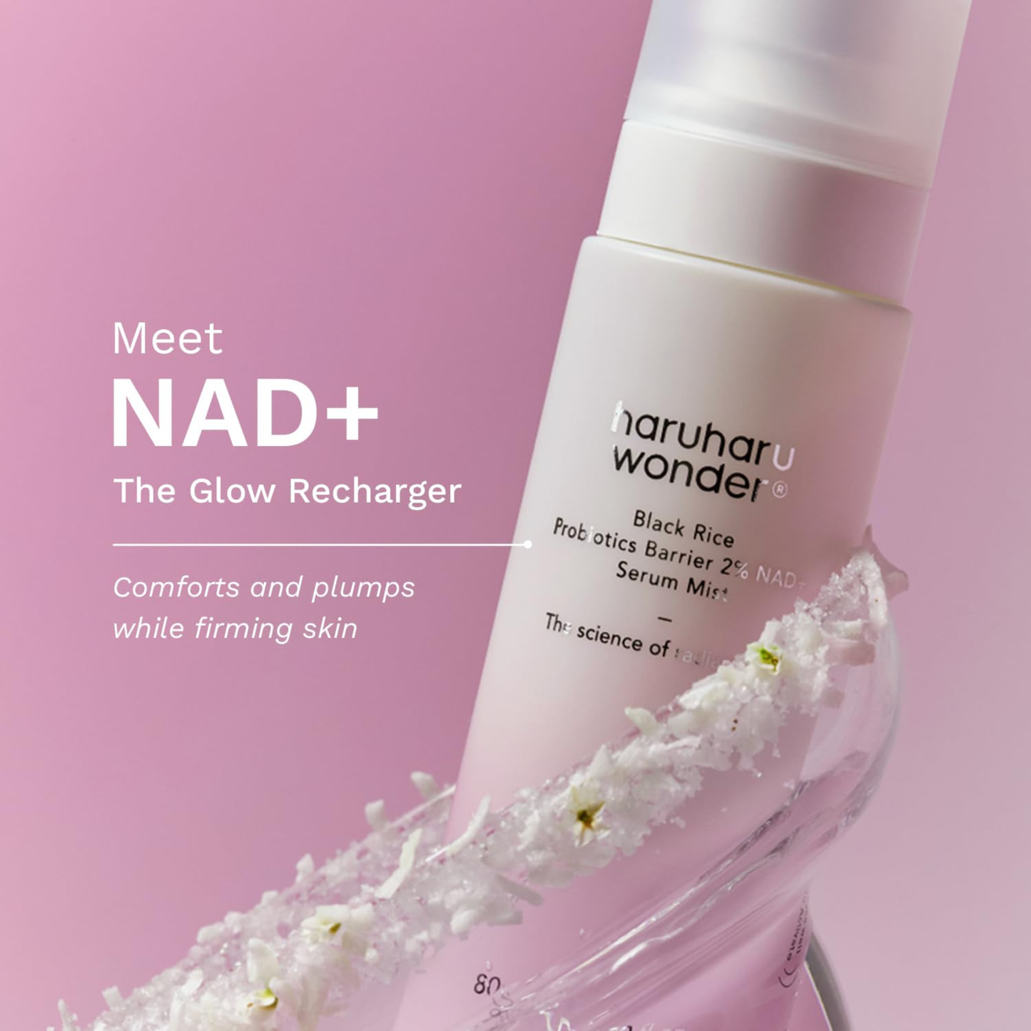 Information on the Hero ingredient NAD+ in the Haruharu Wonder Black Rice Probiotics Barrier 2% NAD+ Serum Mist with a serum bottle on a light pink background
