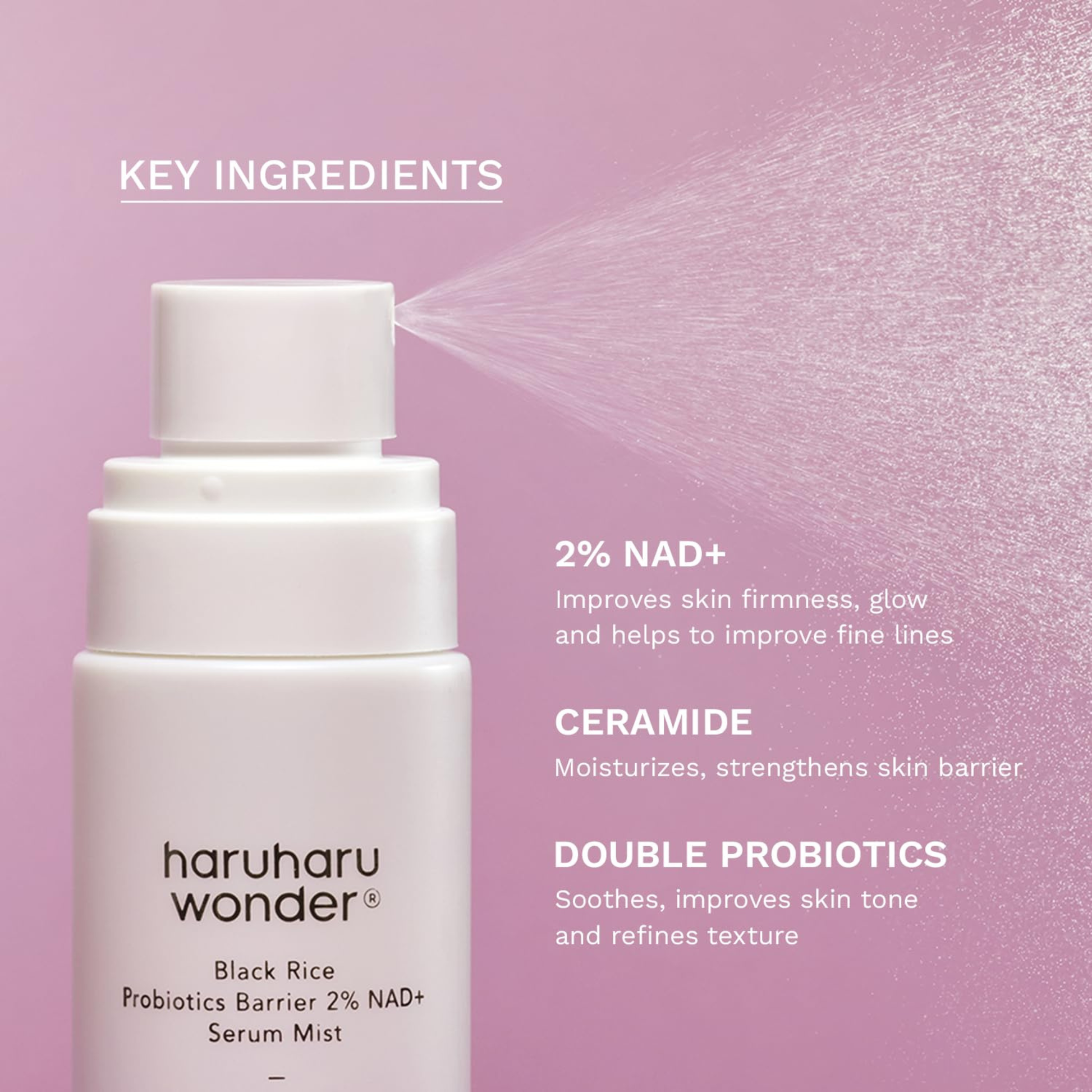 Hero ingredient highlight for the Haruharu Wonder Black Rice Probiotics Barrier 2% NAD+ Serum Mist with the benefits of each ingredient listed
