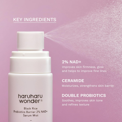 Hero ingredient highlight for the Haruharu Wonder Black Rice Probiotics Barrier 2% NAD+ Serum Mist with the benefits of each ingredient listed