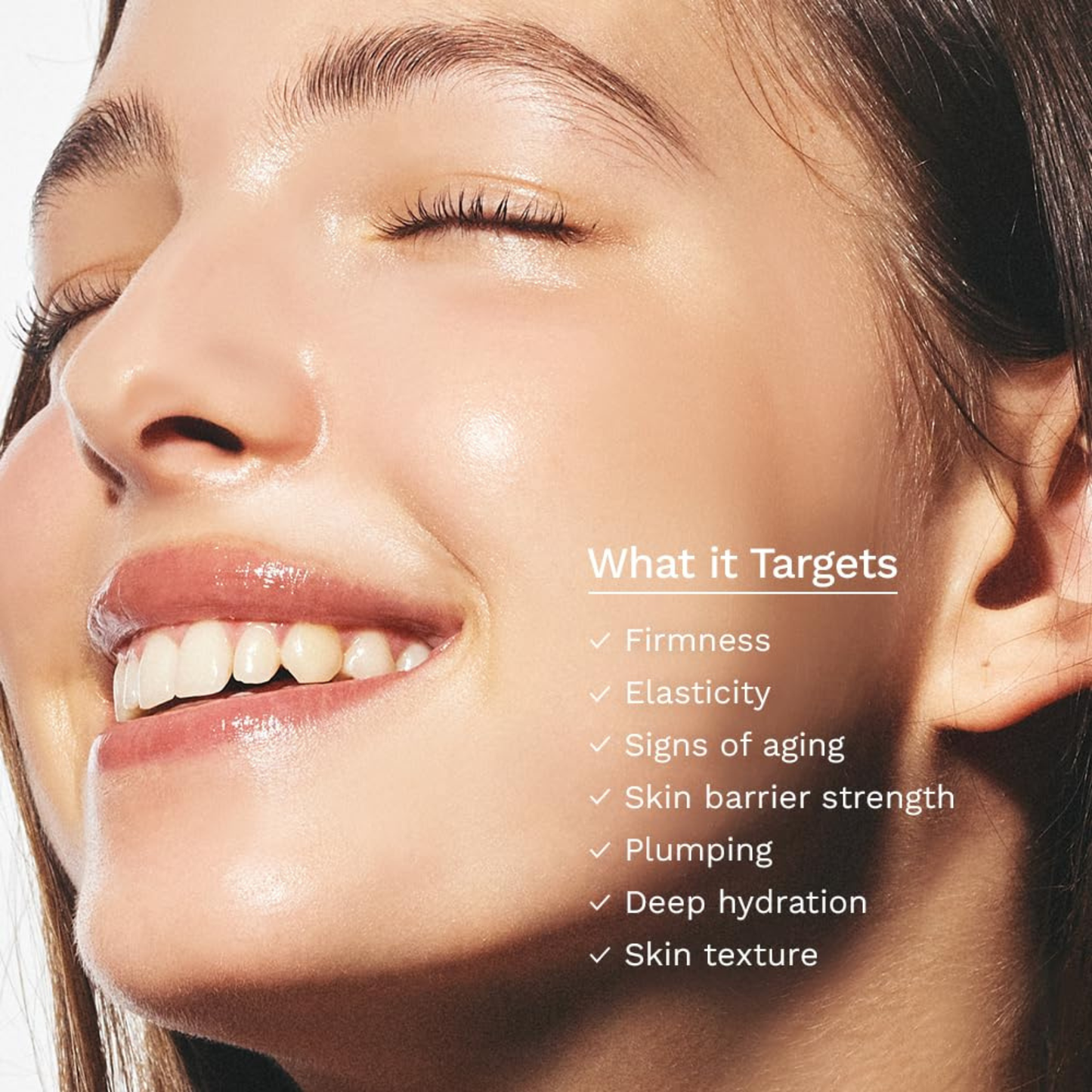 Close up of a woman's face with glowing skin after the application of Haruharu Wonder Black Rice Probiotics Barrier 2% NAD+ Serum Mist with a list of skin concerns it targets.