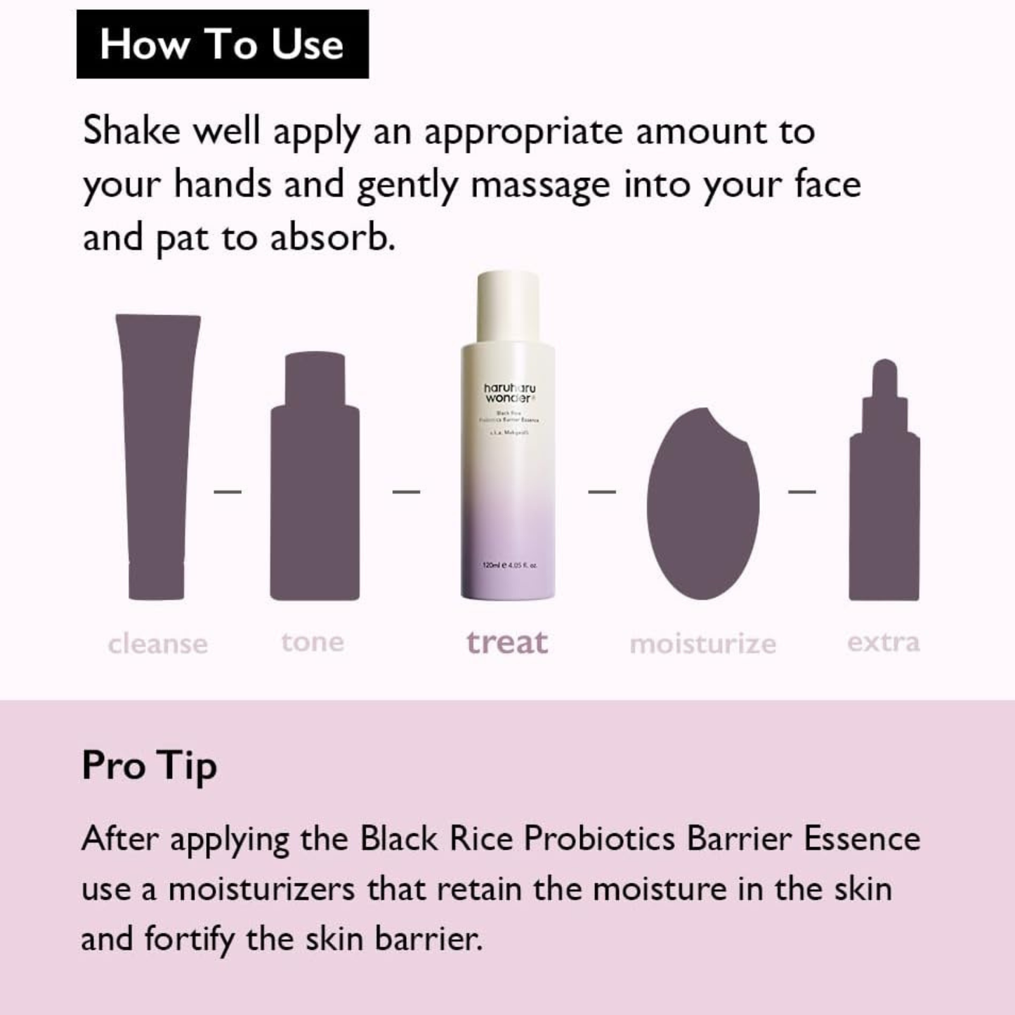 Cosmetic product with usage instructions and a bottle of Haruharu Wonder Black Rice Probiotics Barrier Essence with a pro tip