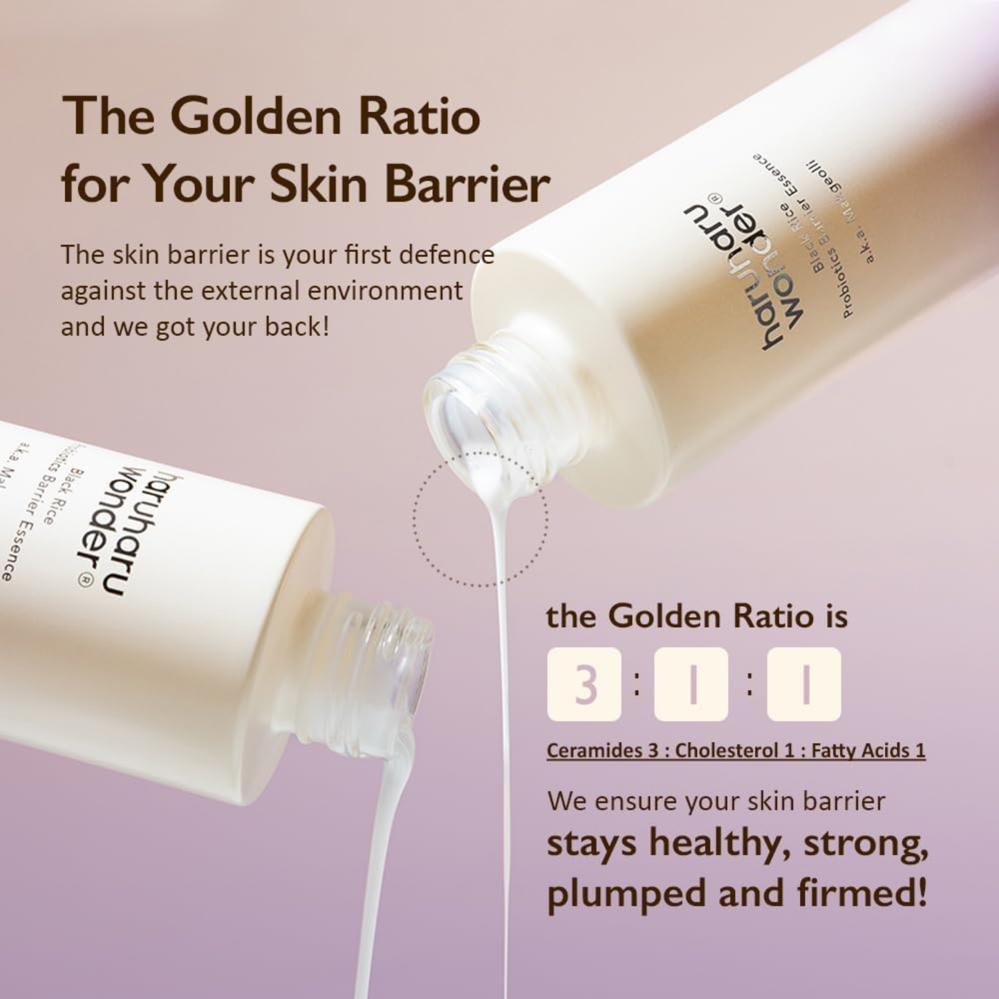 Two bottles of a skincare product with text about the skin barrier and a 'Golden Ratio' on a purple background.