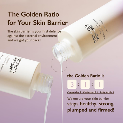 Two bottles of a skincare product with text about the skin barrier and a 'Golden Ratio' on a purple background.