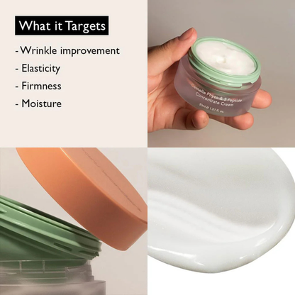 Haruharu Wonder Centella Phyto & 5 Peptide Concentrate Cream jar with text highlighting its product features on a neutral background