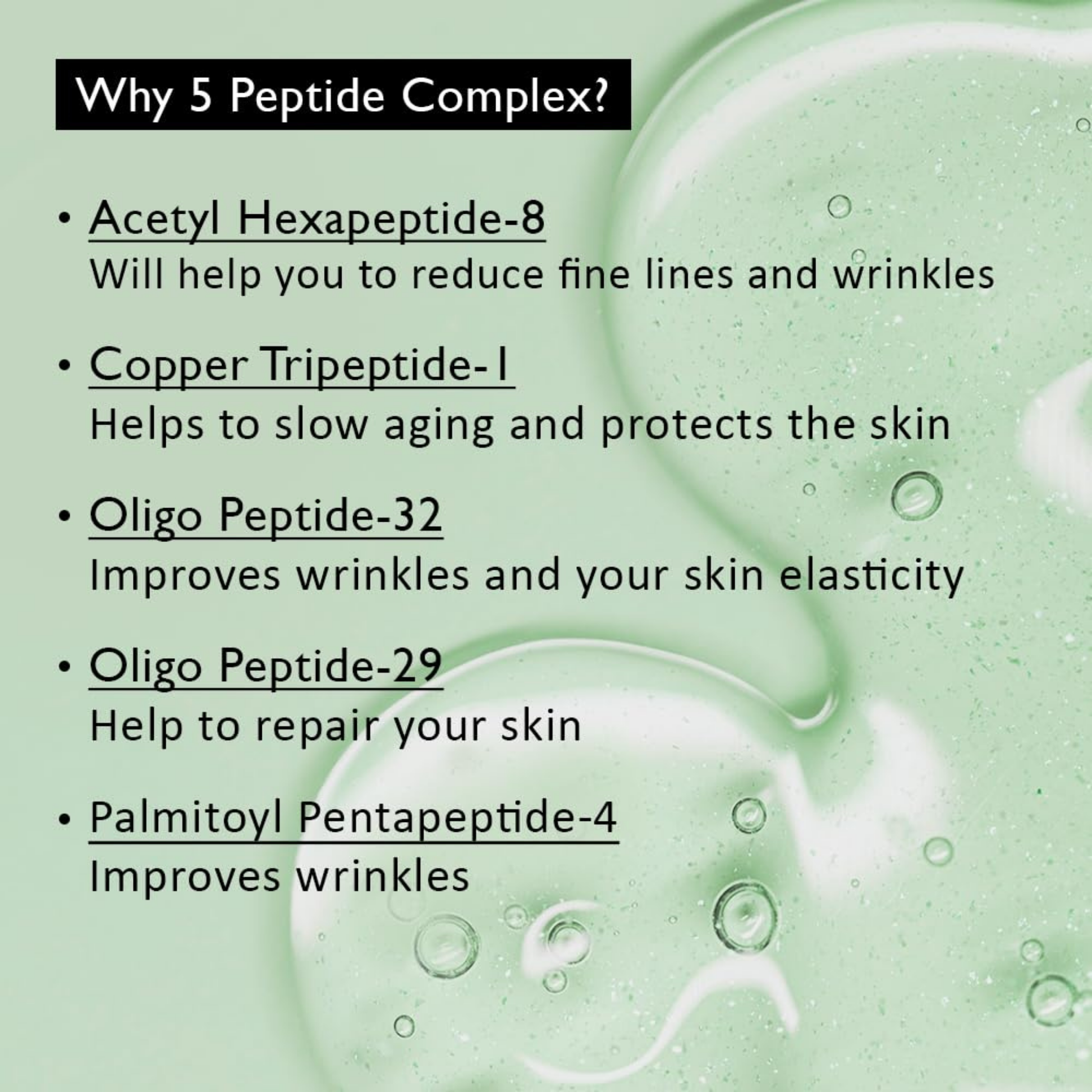 Text detailing the benefits of a 5 Peptide Complex featured in the Haruharu Wonder Centella Phyto & 5 Peptide Concentrate Cream with a green background