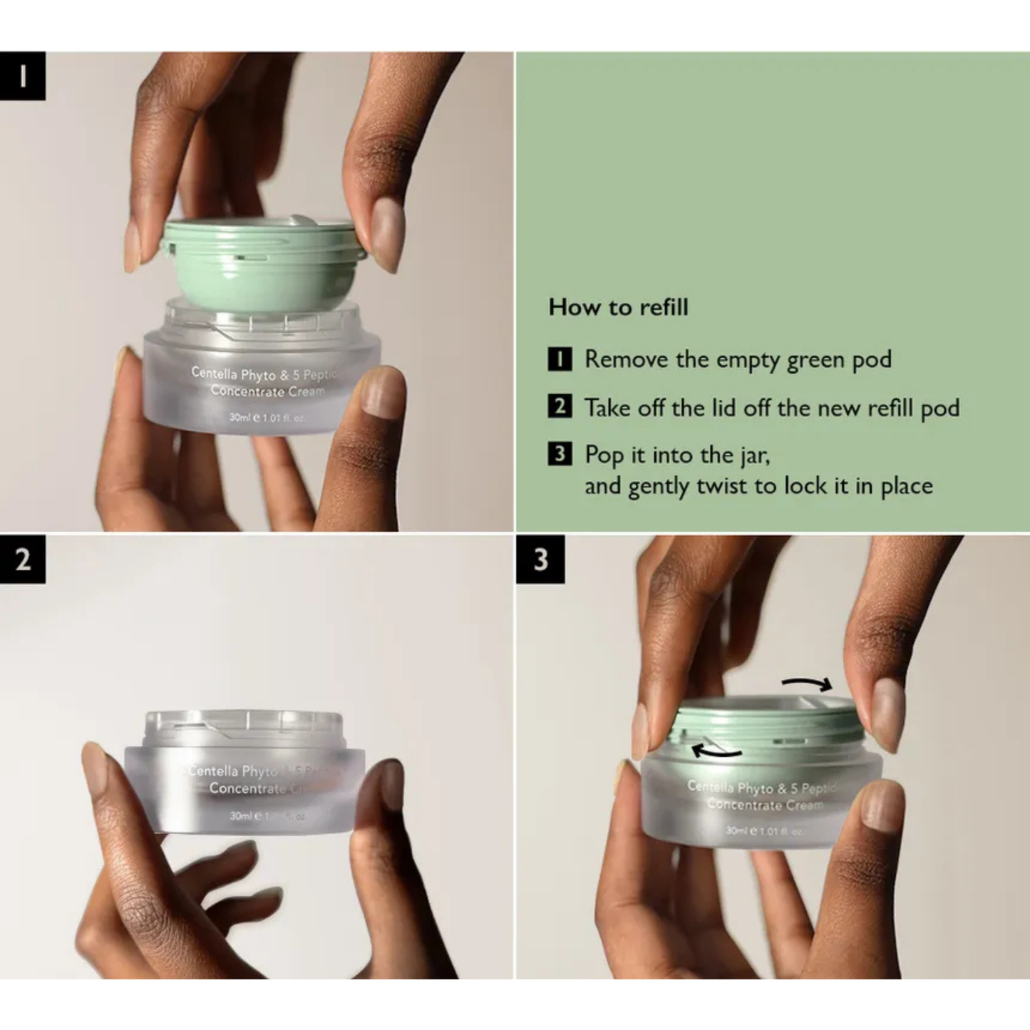 Instructions on how to use the Haruharu Wonder Centella Phyto & 5 Peptide Concentrate Cream Refill refill product jar with green and silver components.