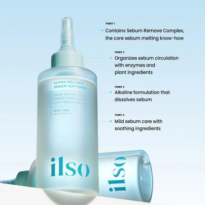 ILSO Super Melting Sebum Softner product with text on a light blue background