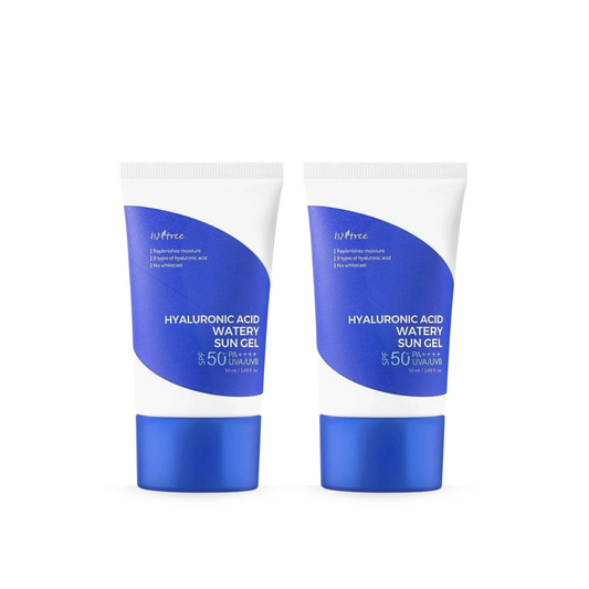 Two tubes of Isntree Hyaluronic Acid Watery Sun Gel SPF 50+ PA++++ with blue and white packaging on a white background.