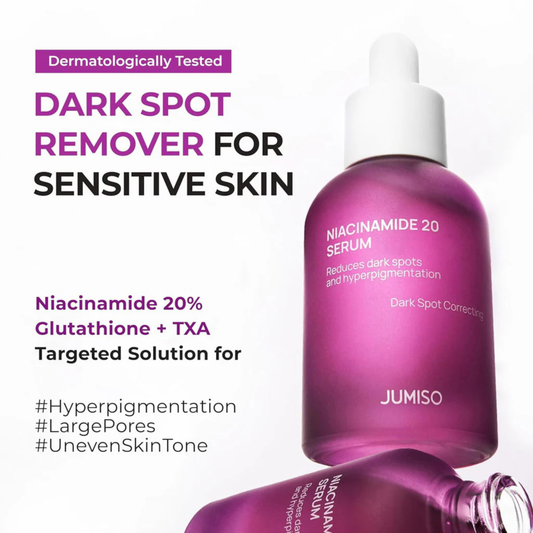 Purple JUMISO Niacinamide 20 Serum bottle with text about dark spot remover for sensitive skin. Text highlighting active ingredients.