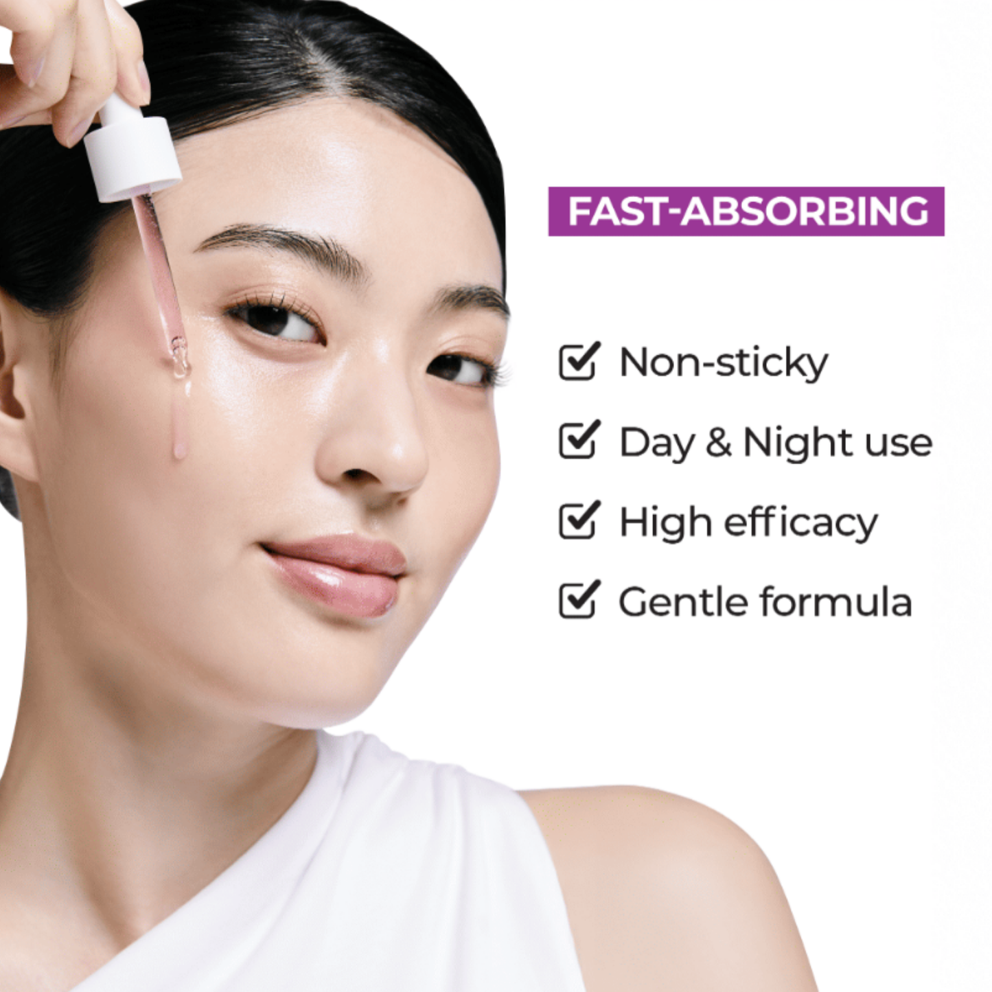 Woman applying JUMISO Niacinamide 20 Serum with text highlighting features on a white background