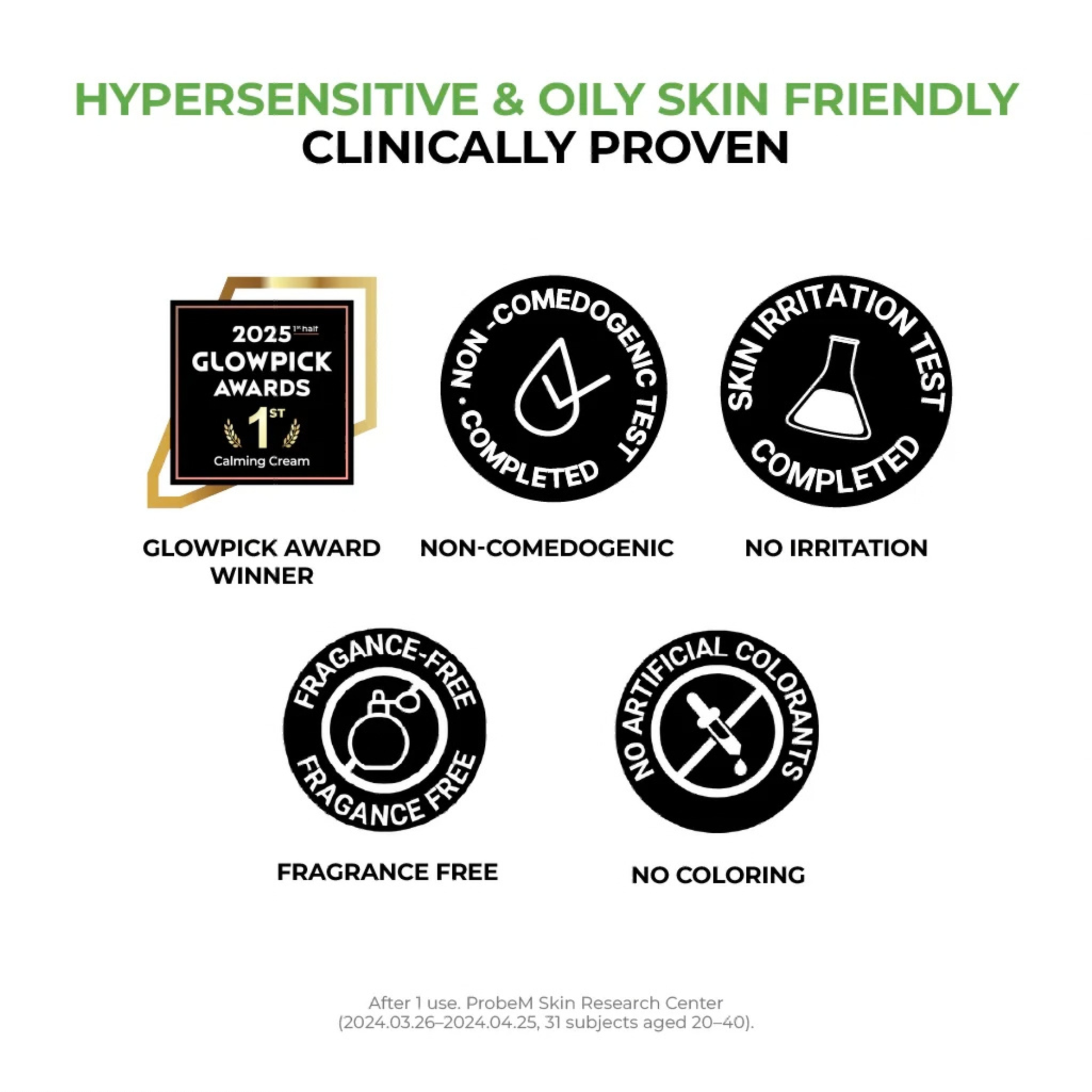 Certification badges of Jumiso D-Panthenol Barrier Soothing Cream for hypersensitive and oily skin friendly product on a white background