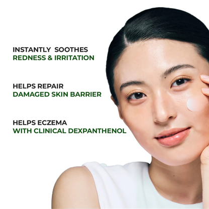 Woman applying Jumiso D-Panthenol Barrier Soothing Cream with text about its skincare benefits on a white background