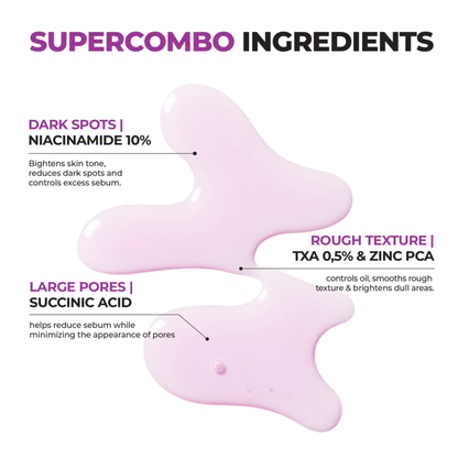 Jumiso Niacinamide 10 Serum Supercombo ingredients (Niacinamide, Succinic acid, Tranexamic acid and Zinc PCA) with purple serum on a white background