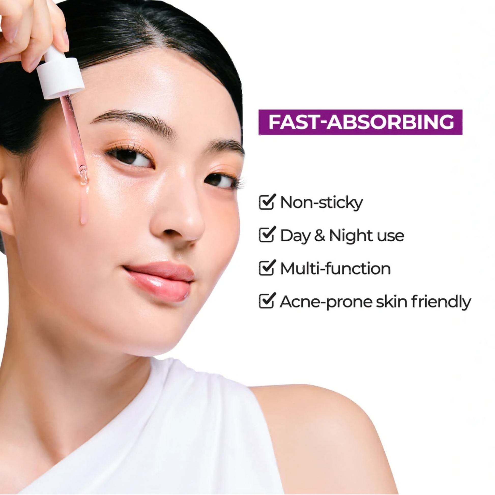 Woman applying Jumiso Niacinamide 10 Serum with text highlighting its features on a white background