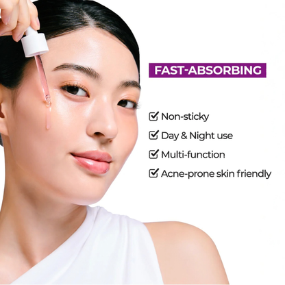 Woman applying Jumiso Niacinamide 10 Serum with text highlighting its features on a white background