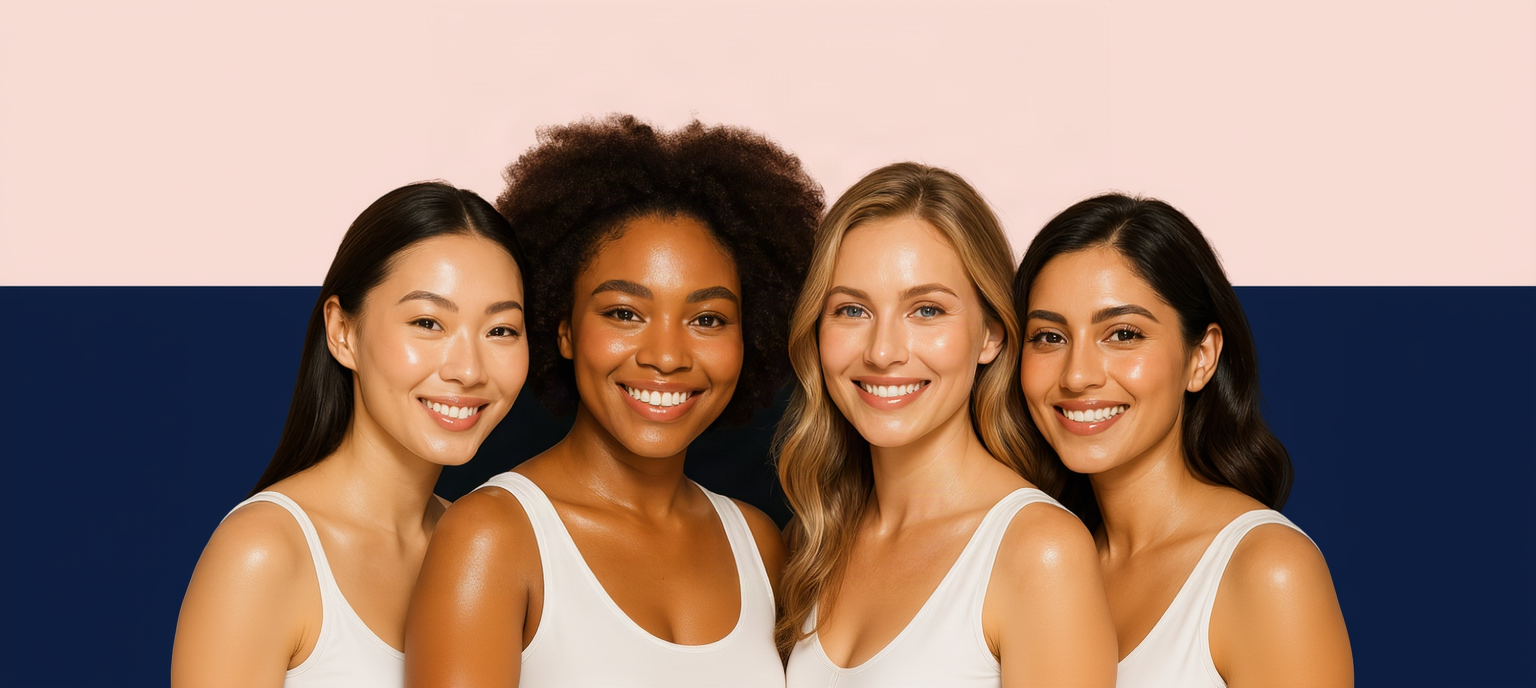 Four women of different ethnicities wearing white tank tops against a gradient background