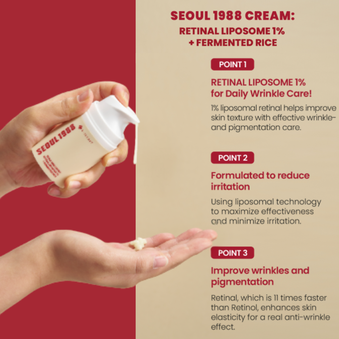 Hand holding a bottle of Seoul 1988 Cream with product details on a red and beige background