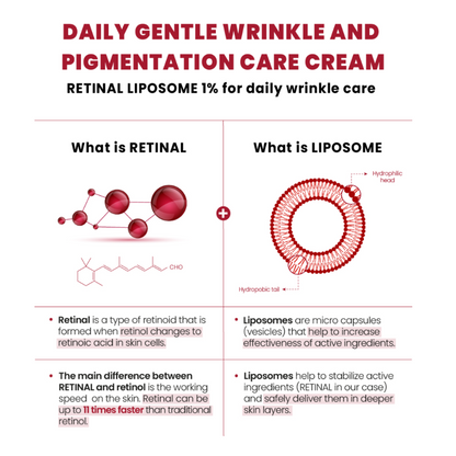 Infographic about retinal and liposome components of a daily wrinkle care cream.