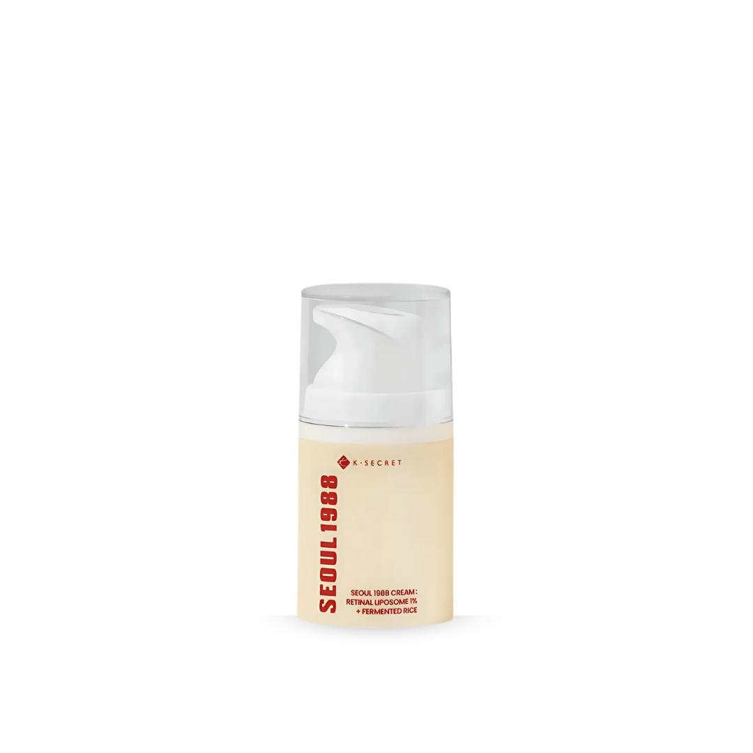 Skincare bottle K-SECRET Seoul 1988 Cream: Retinal Liposome 1% + Fermented Rice on a white background
