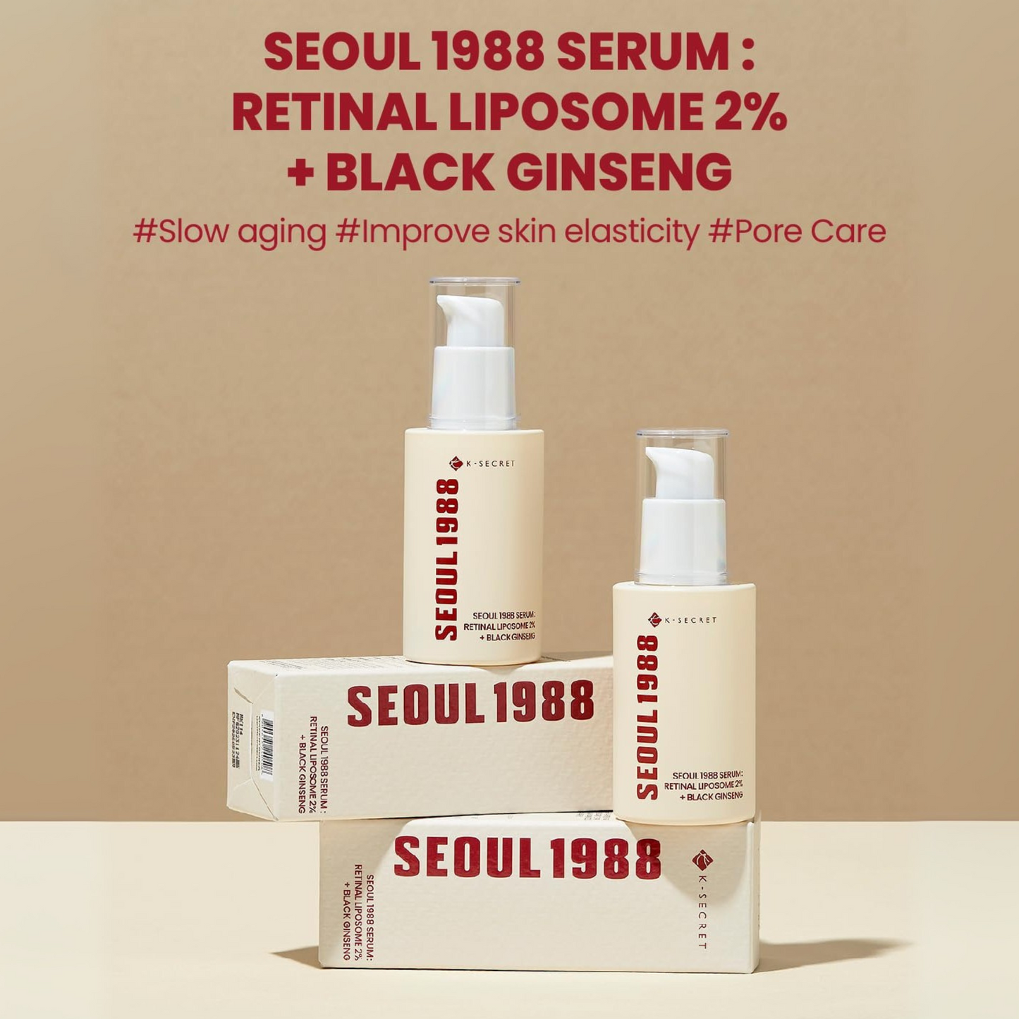 SEOUL 1988 serum bottles and boxes on a beige background. K-Secret SEOUL 1988 Serum: Retinal Liposome 2% + Black Ginseng