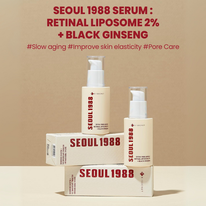 SEOUL 1988 serum bottles and boxes on a beige background. K-Secret SEOUL 1988 Serum: Retinal Liposome 2% + Black Ginseng