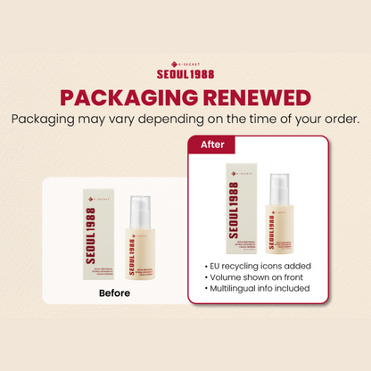 Comparison of Seoul 1988 product packaging before and after renewal on a beige background.