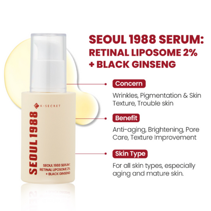 K-Secret SEOUL 1988 Serum: Retinal Liposome 2% + Black Ginseng bottle with product details regarding concerns, benefits and skin types on a white background