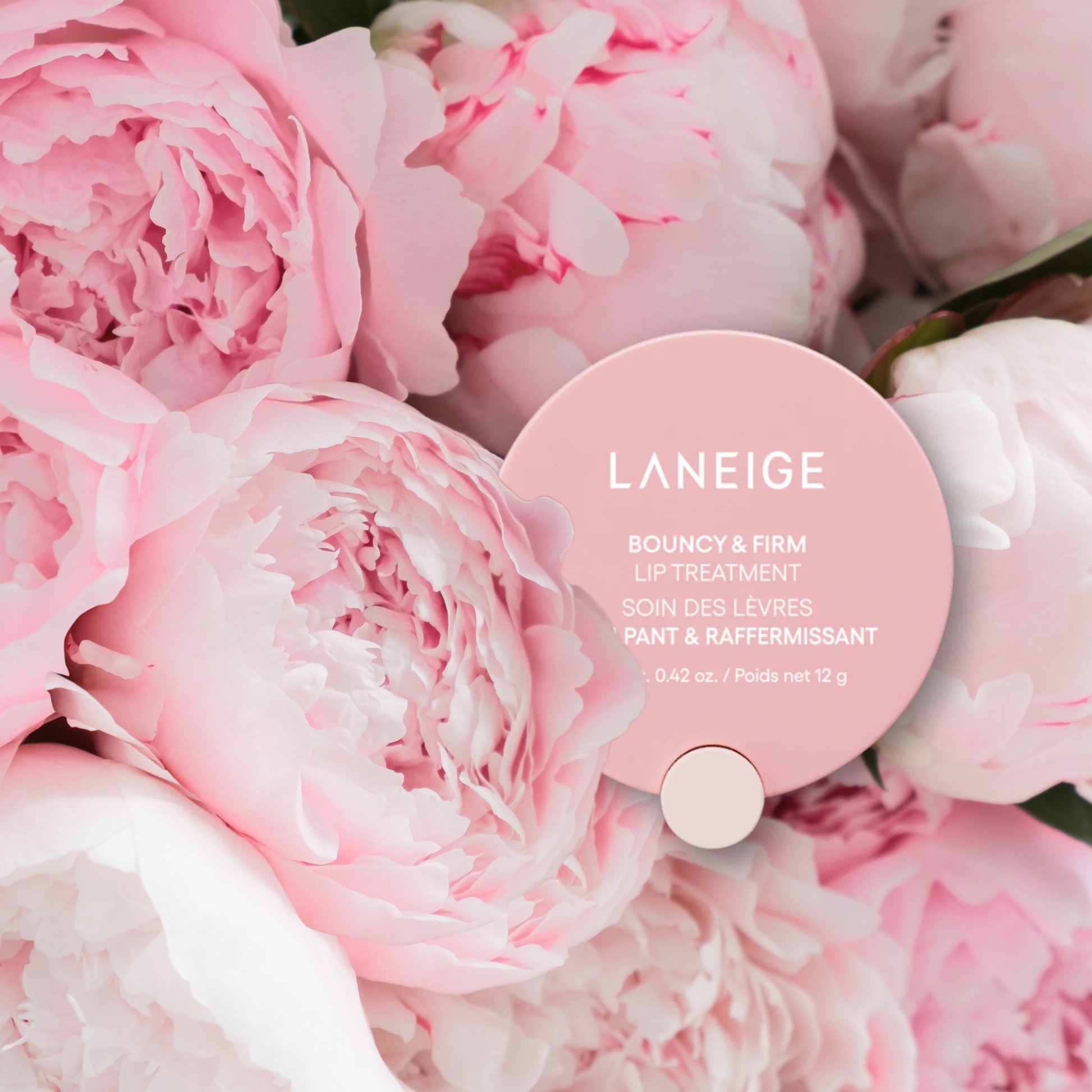 LANEIGE Bouncy & Firm Lip Treatment surrounded by pink Peonies