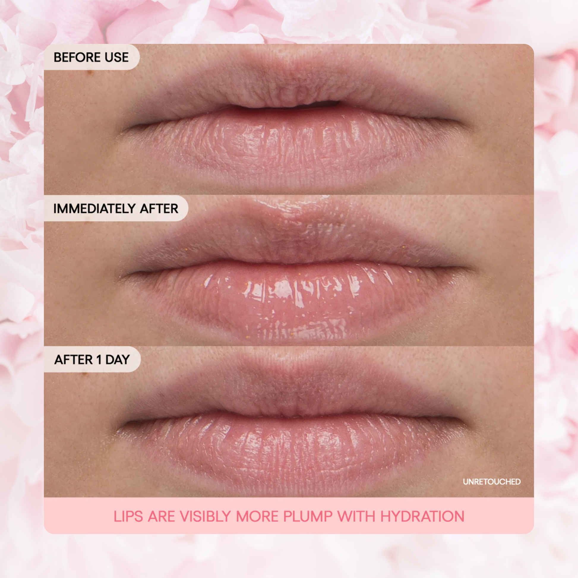 Before and after comparison of lips with LANEIGE Bouncy & Firm Lip Treatment on a pink floral background