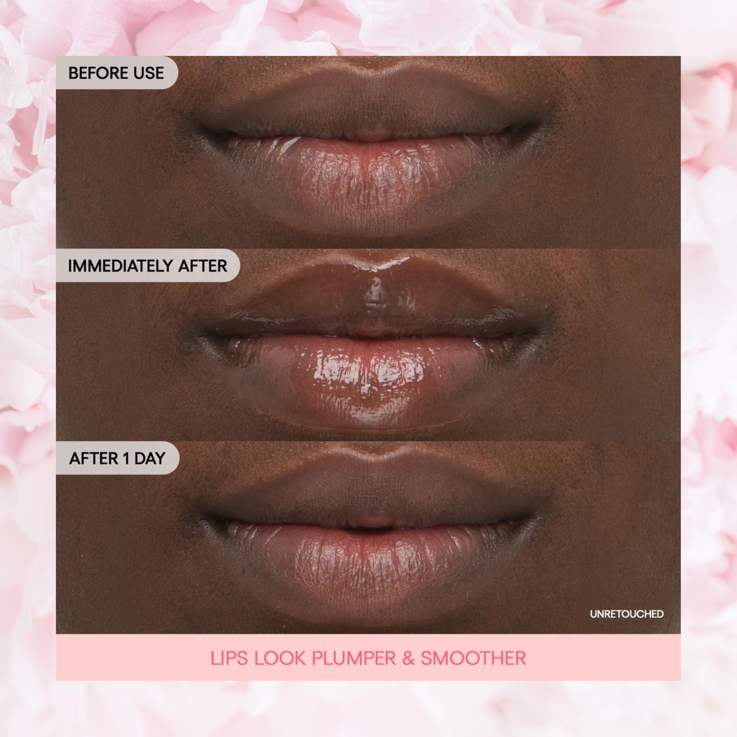Before and after comparison of lips with a pink background. LANEIGE Bouncy & Firm Lip Treatment