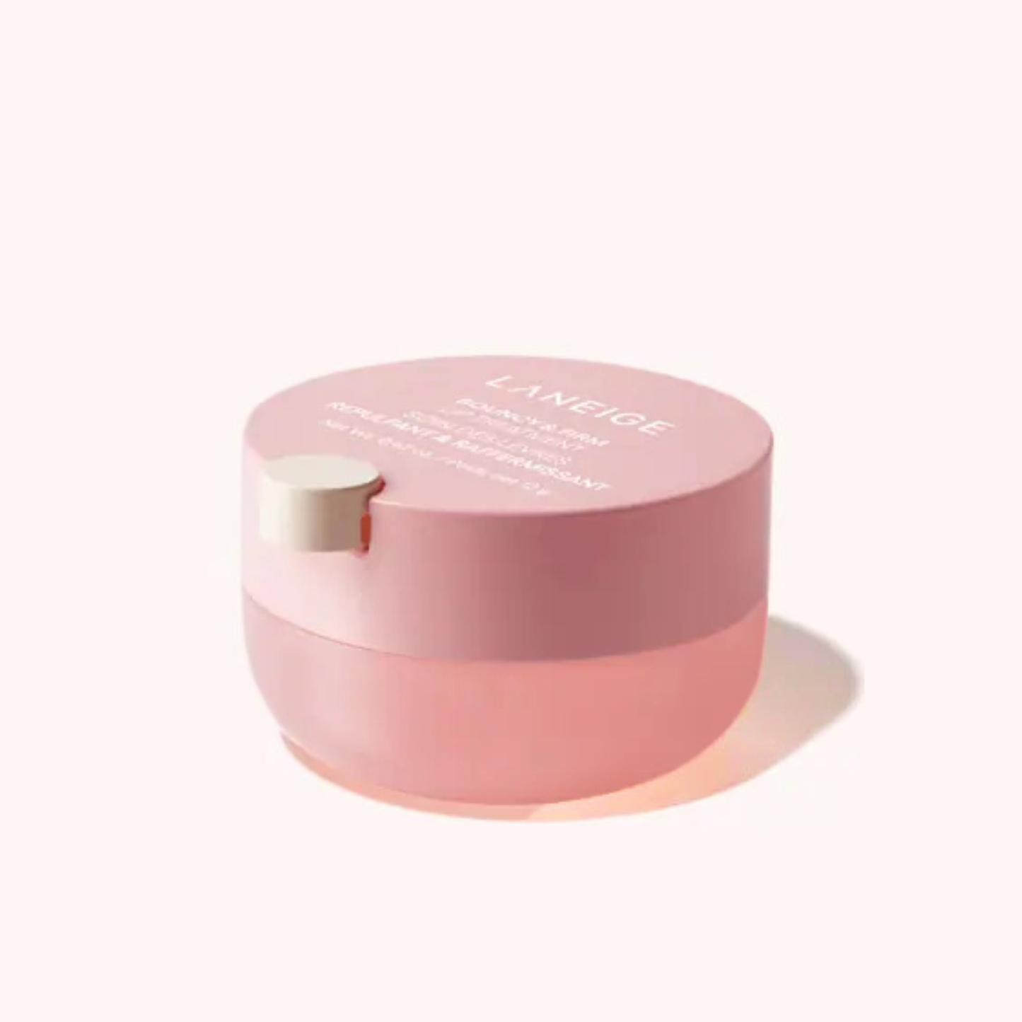 Pink cosmetic container of LANEIGE Bouncy & Firm Lip Treatment on a white background