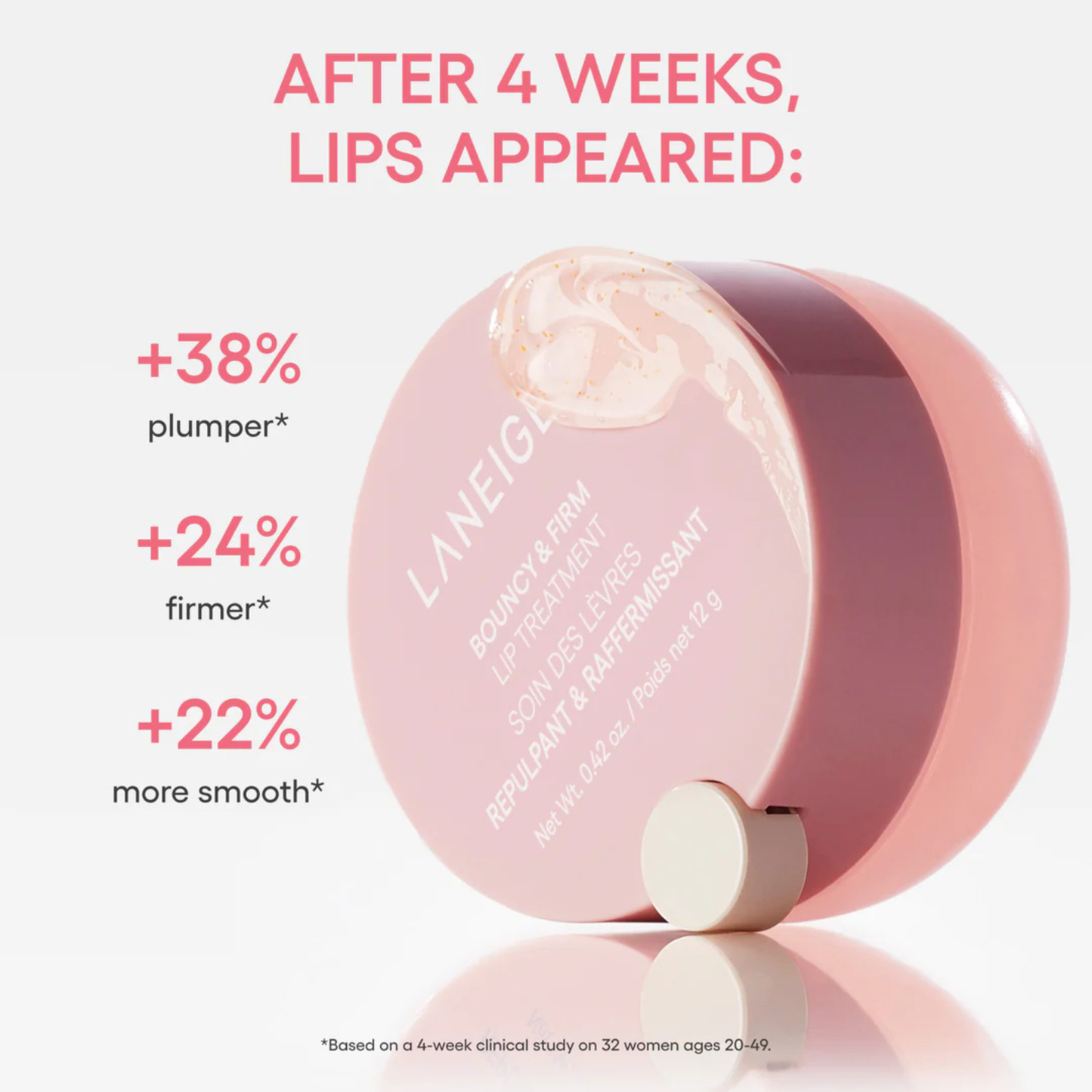 LANEIGE Bouncy & Firm Lip Treatment and text about lip treatment results.