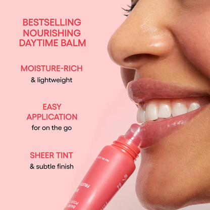 Woman applying LANEIGE Lip Glowy Balm (Berry) with text on the product benefits