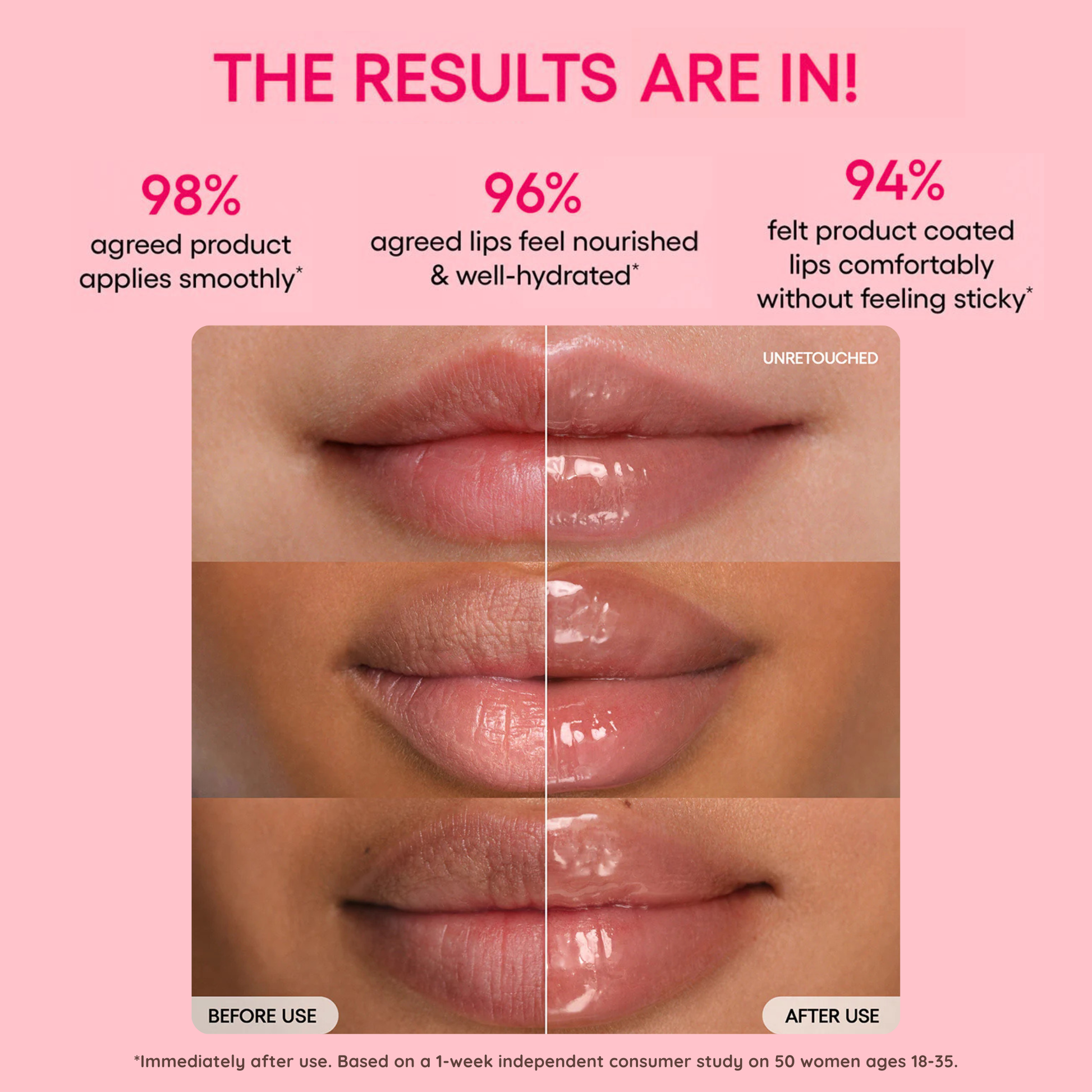 Lip product comparison with 'Before Use' and 'After Use' on a pink background. LANEIGE Lip Glowy Balm (Berry)