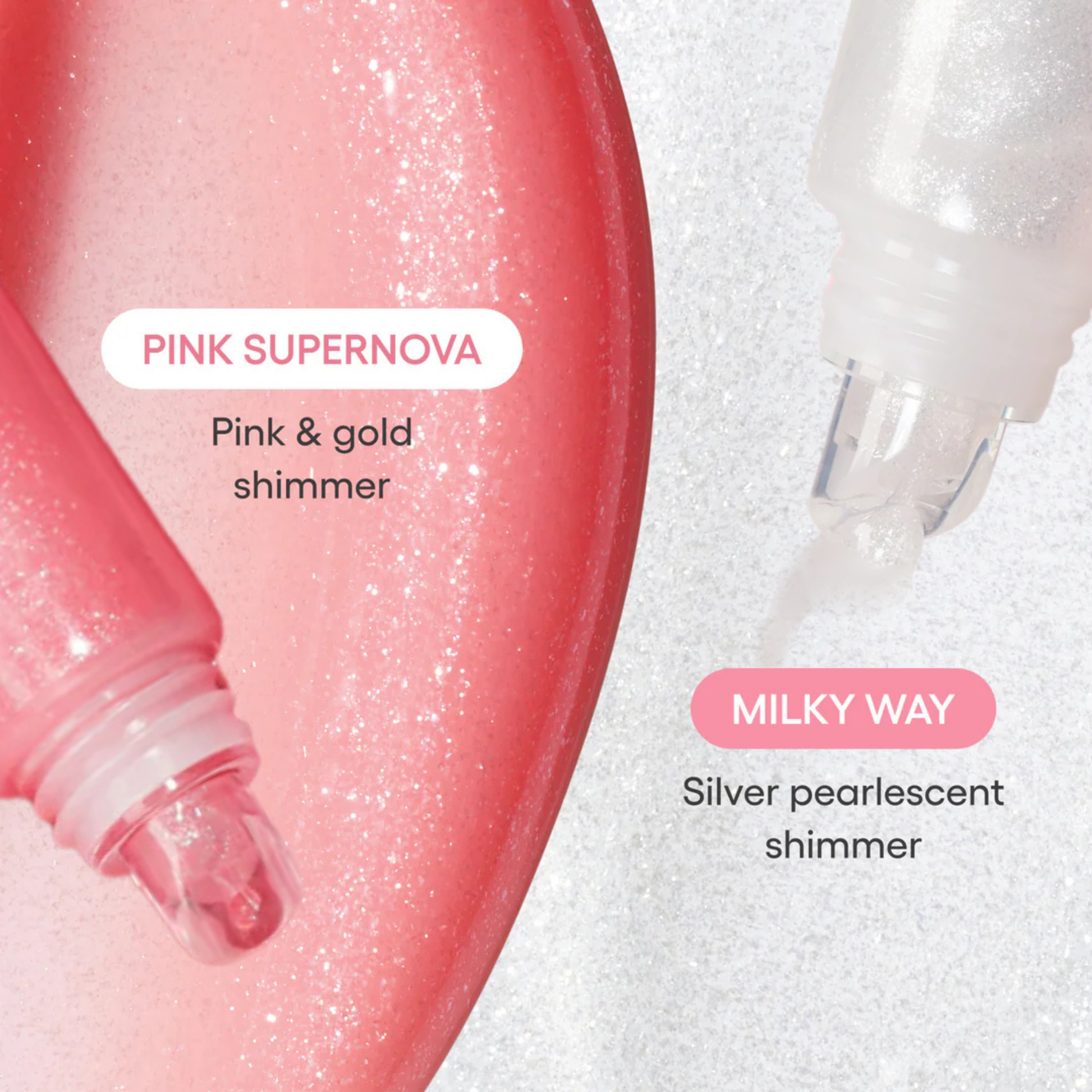 LANEIGE Lip Glowy Balm (Pink Supernova) and LANEIGE Lip Glowy Balm (Milky Way) lip gloss with labels on a lip gloss background.