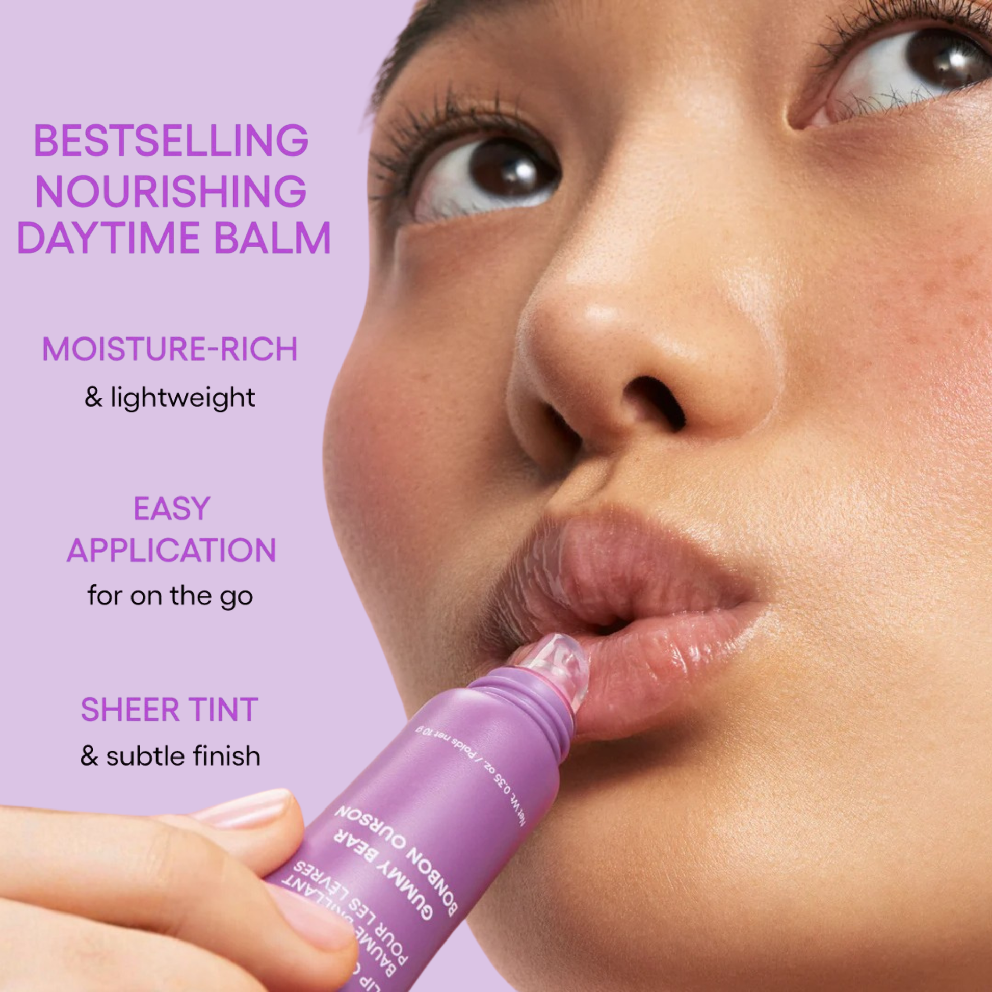 Lip balm being applied to a woman's lips with promotional text on a purple background. LANEIGE Lip Glowy Balm (Gummy Bear)