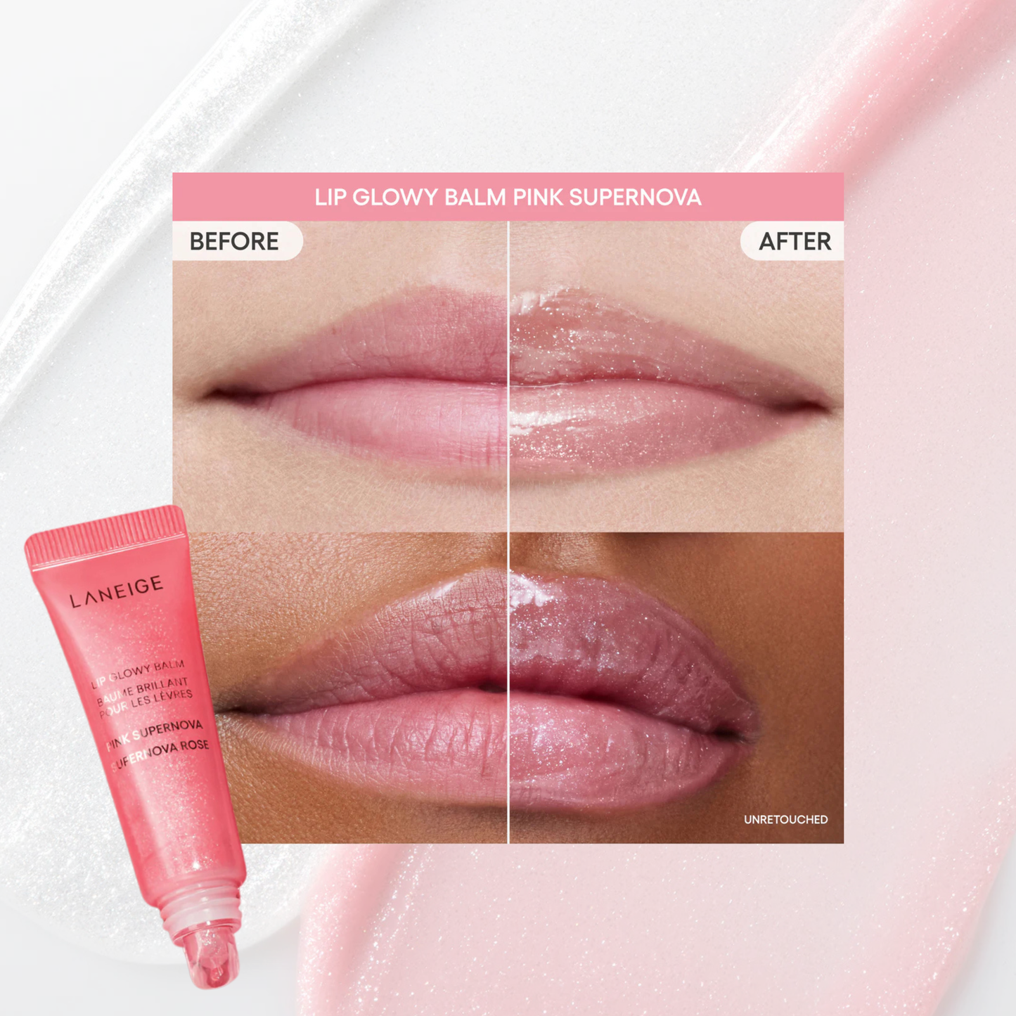 Before and after comparison of Laneige Lip Glowy Balm Pink Supernova on lips with product shown.