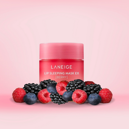 LANEIGE Lip Sleeping Mask_EX (Berry) on a bed of berries with a pink background